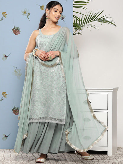 Dhiyona KL Floral Embroidered Regular Sequinned Kurta with Sharara & Dupatta