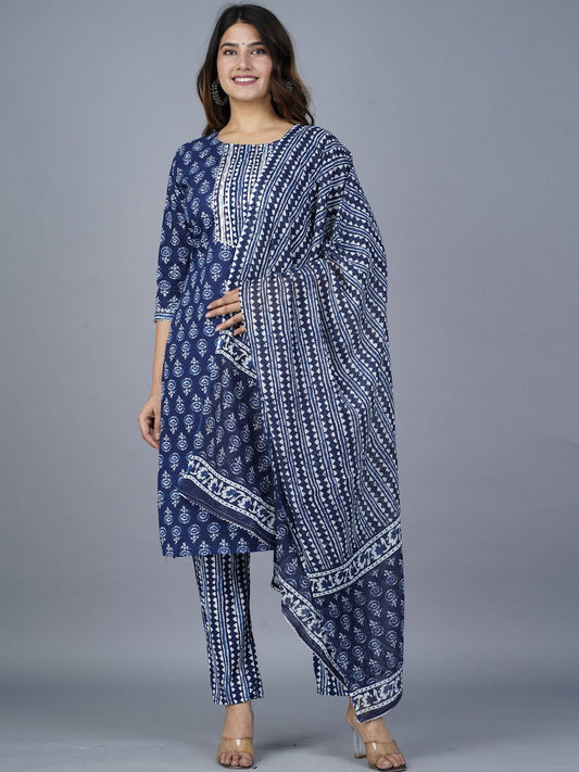 Dhiyona KL Ethnic Motifs Printed Regular Kantha Work Pure Cotton Kurta with Trousers & With