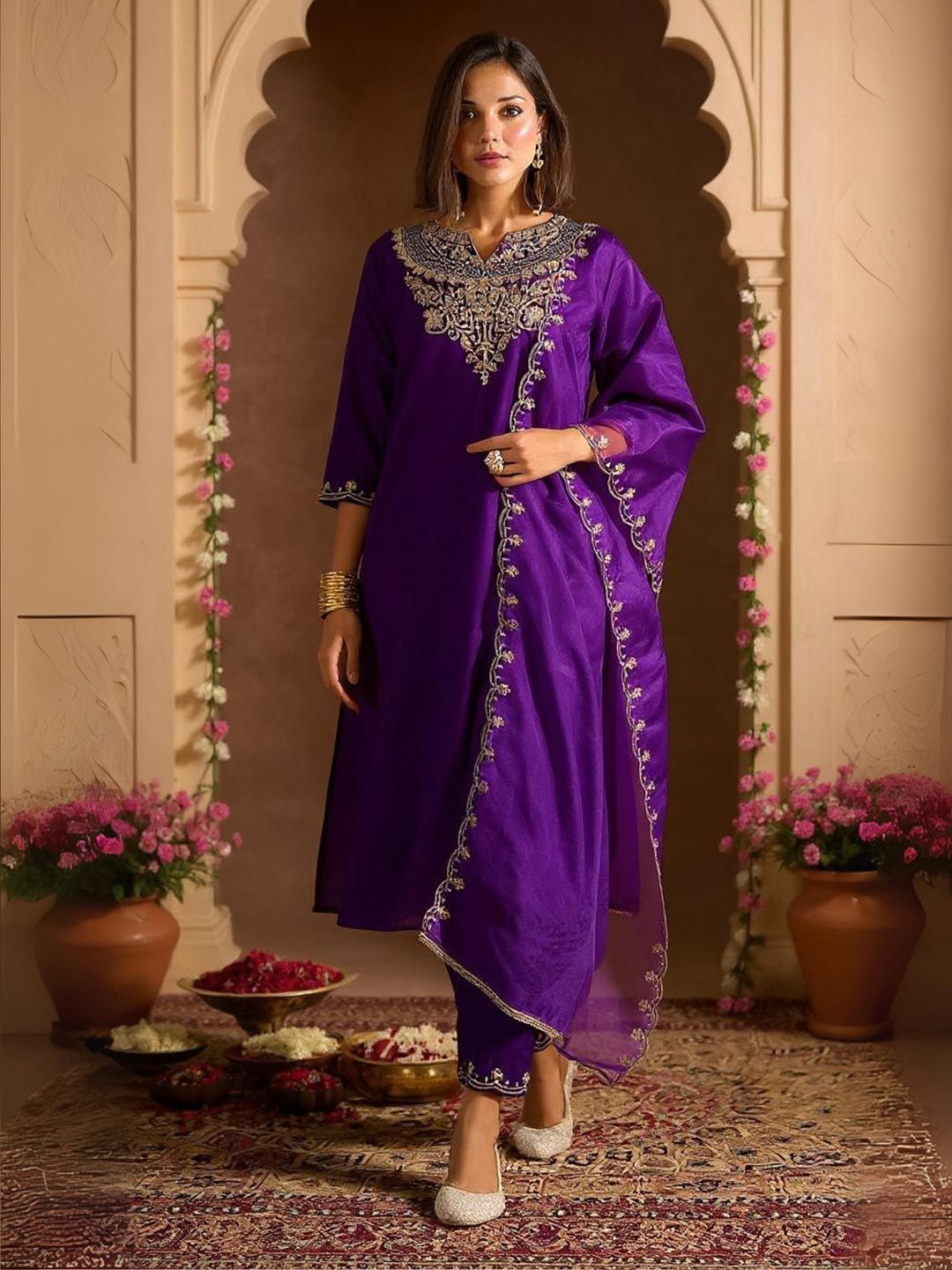 Dhiyona IE Ethnic Motifs Embroidered Sequinned Straight Kurta With Trousers & Dupatta