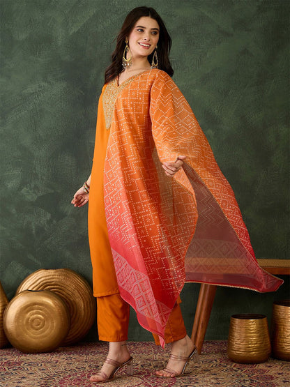 Dhiyona KL Women Ethnic Motifs Embroidered Regular Kurta with Trousers & With Dupatta