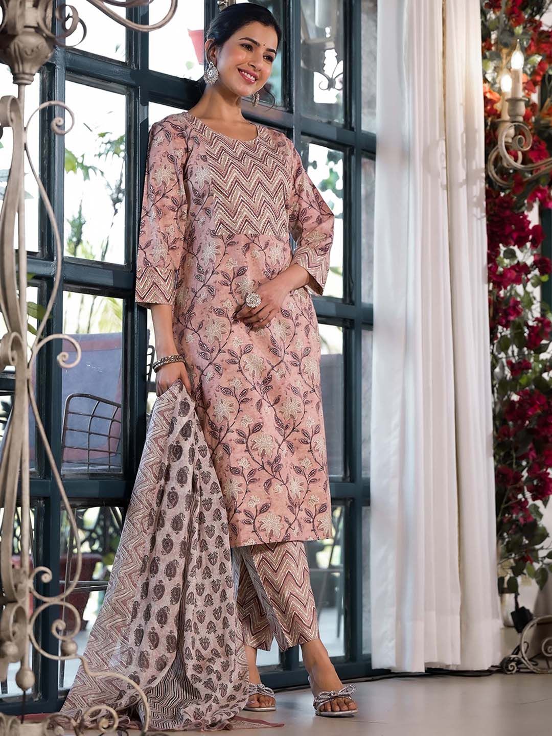Dhiyona KL Floral Printed Regular Thread Work Pure Cotton Kurta with Trouser & Dupatta