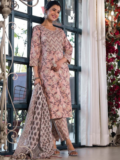 Dhiyona KL Floral Printed Regular Thread Work Pure Cotton Kurta with Trouser & Dupatta