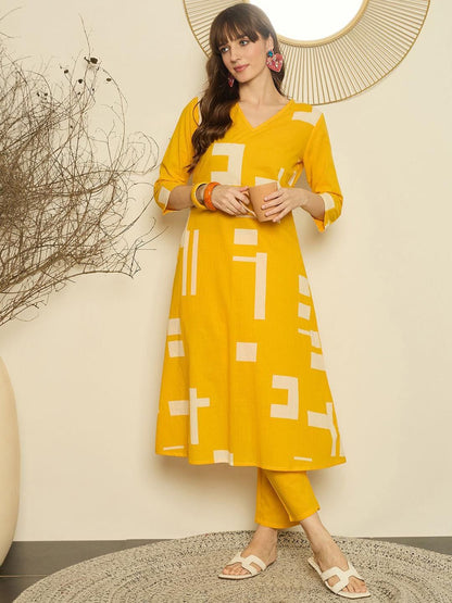 Dhiyona IE Women Printed V-Neck Cotton Top and Trousers Co-Ords
