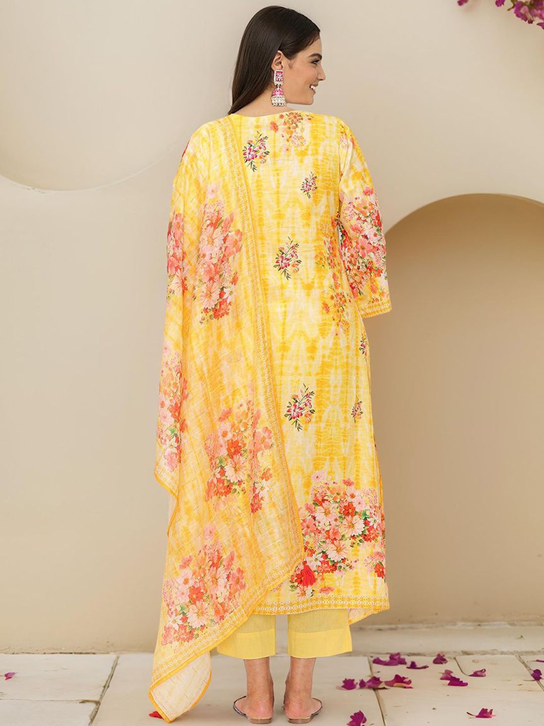 Dhiyona IS Women's Floral Printed Pure Cotton Straight Kurta With Trousers & Dupatta