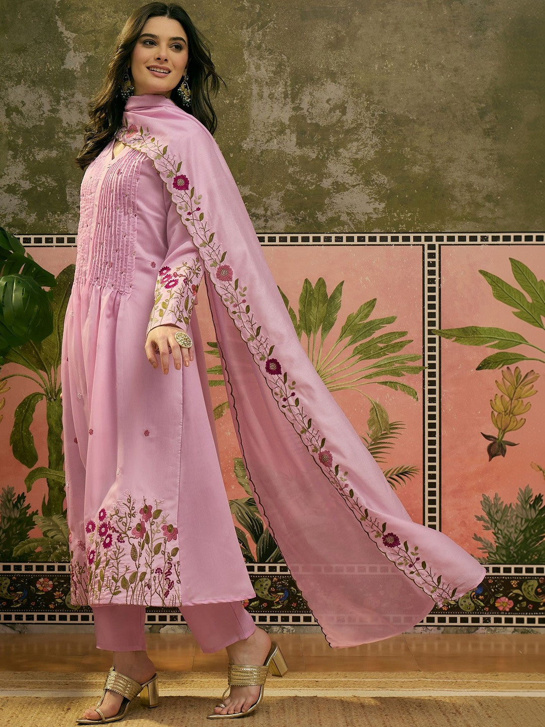 Embroidered V-Neck Kurta & Trousers with Dupatta Set