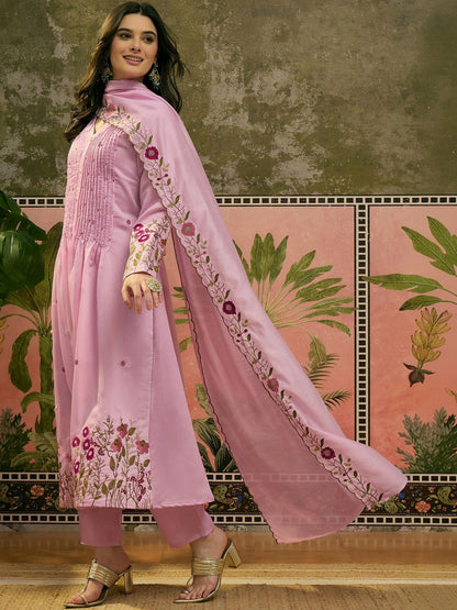 Embroidered V-Neck Kurta & Trousers with Dupatta Set