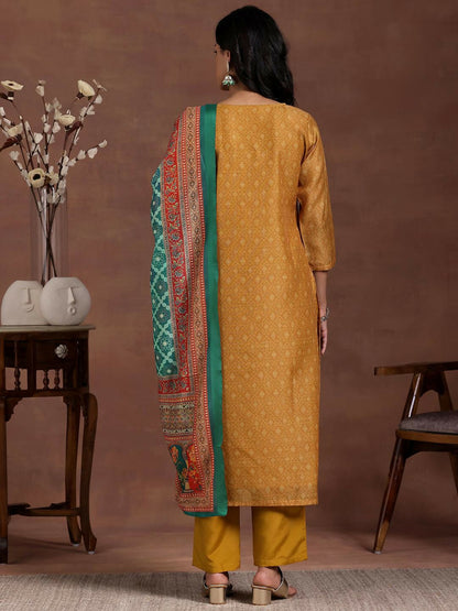 Women's LB Mustard Printed Silk Blend Straight Suit With Dupatta