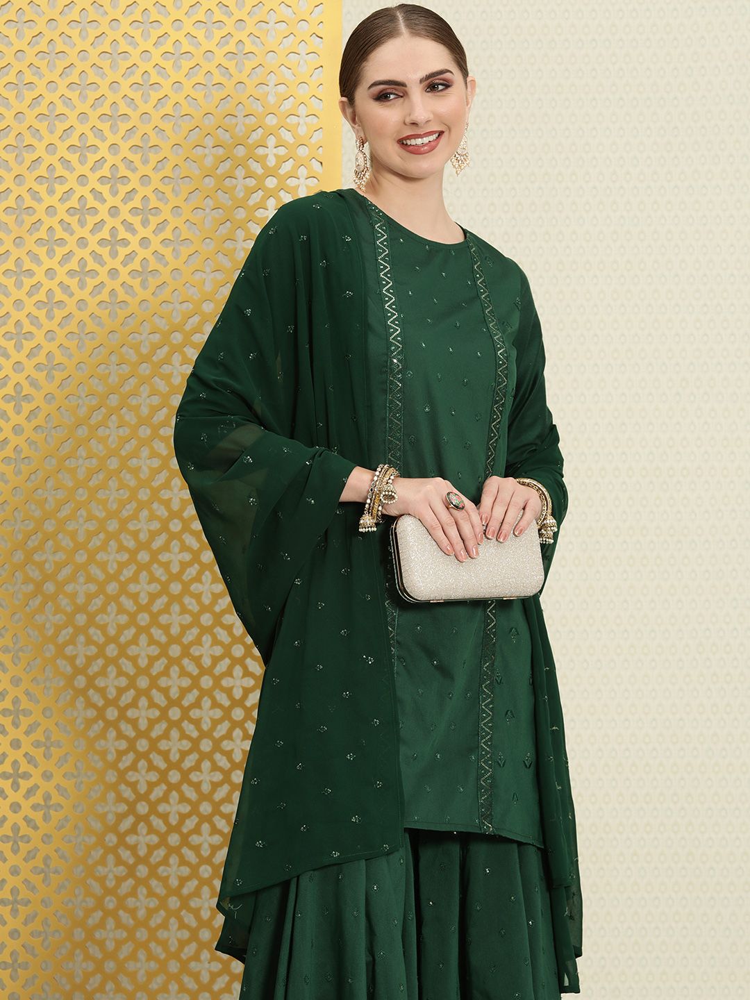 Dhiyona HOP Jashn Floral Sequinned Woven Design Kurti & Sharara With Dupatta