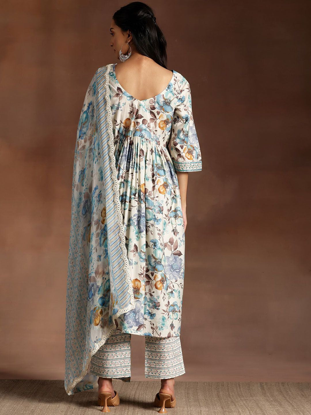 Floral Printed Empire Sequinned Kurta with Palazzo & Dupatta