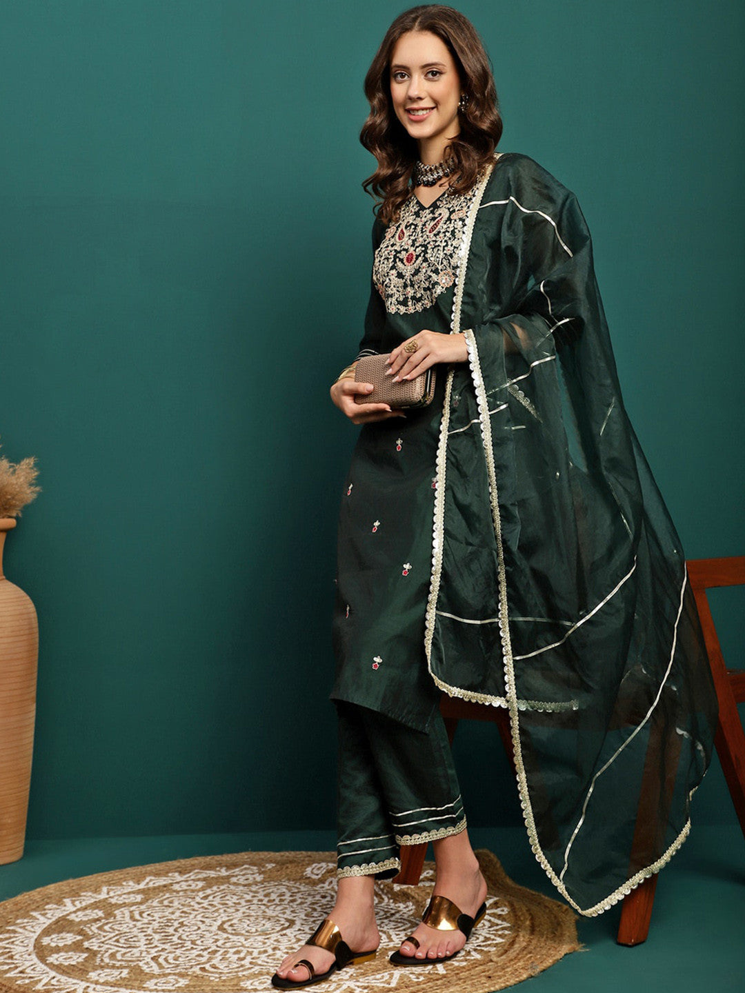 Embroidered Straight Kurta With Trouser & Dupatta Set