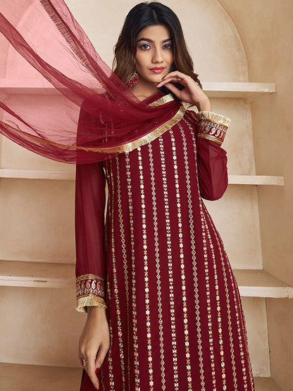 Dhiyona IN Floral Embroidered Thread Work Kurta With Palazzos & Dupatta