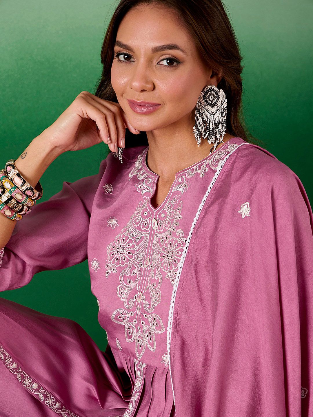 Dhiyona SN Embroidered Sequined A-Line Kurta With Palazzos & Dupatta