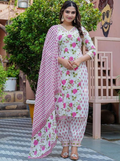 Dhiyona KL Women Floral Printed Angrakha Thread Work Pure Cotton Kurta with Palazzos & With Dupatta