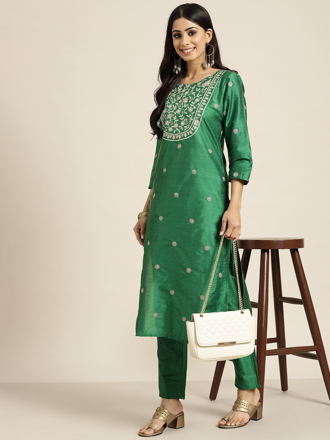 Women Green Floral Yoke Design Kurta with Palazzos