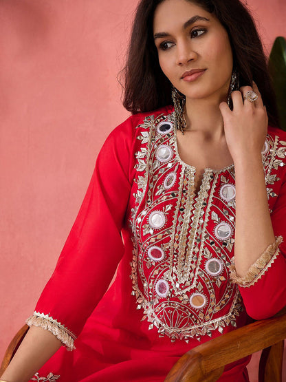 Embroidered Straight Kurta & Palazzo With Bag