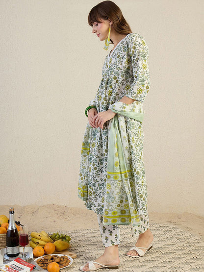 Floral Printed V-Neck Pleated Pure Cotton A-Line Kurta & Trousers With Dupatta