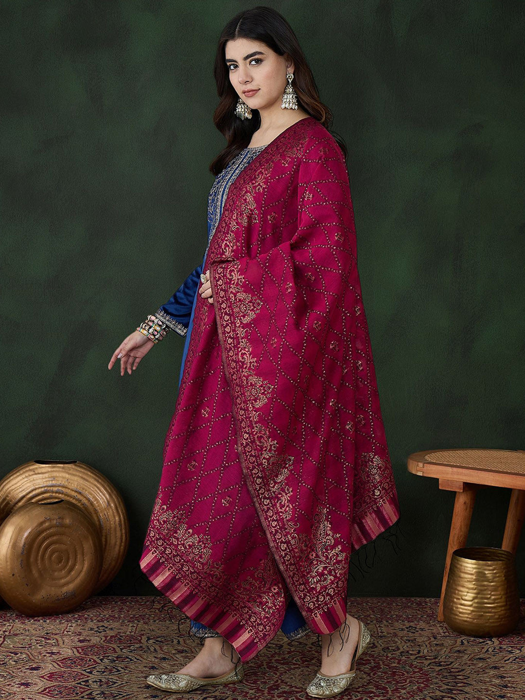 Blue Floral Embroidered Regular Sequinned Velvet Kurta & Trouser With Dupatta