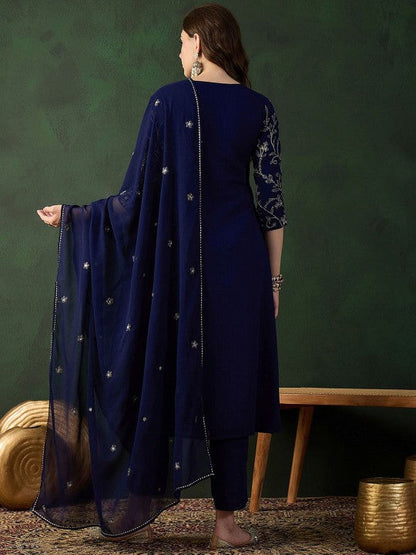 Women's Navy Blue Ethnic Motifs Embroidered A-Line Kurta With Trouser & Dupatta