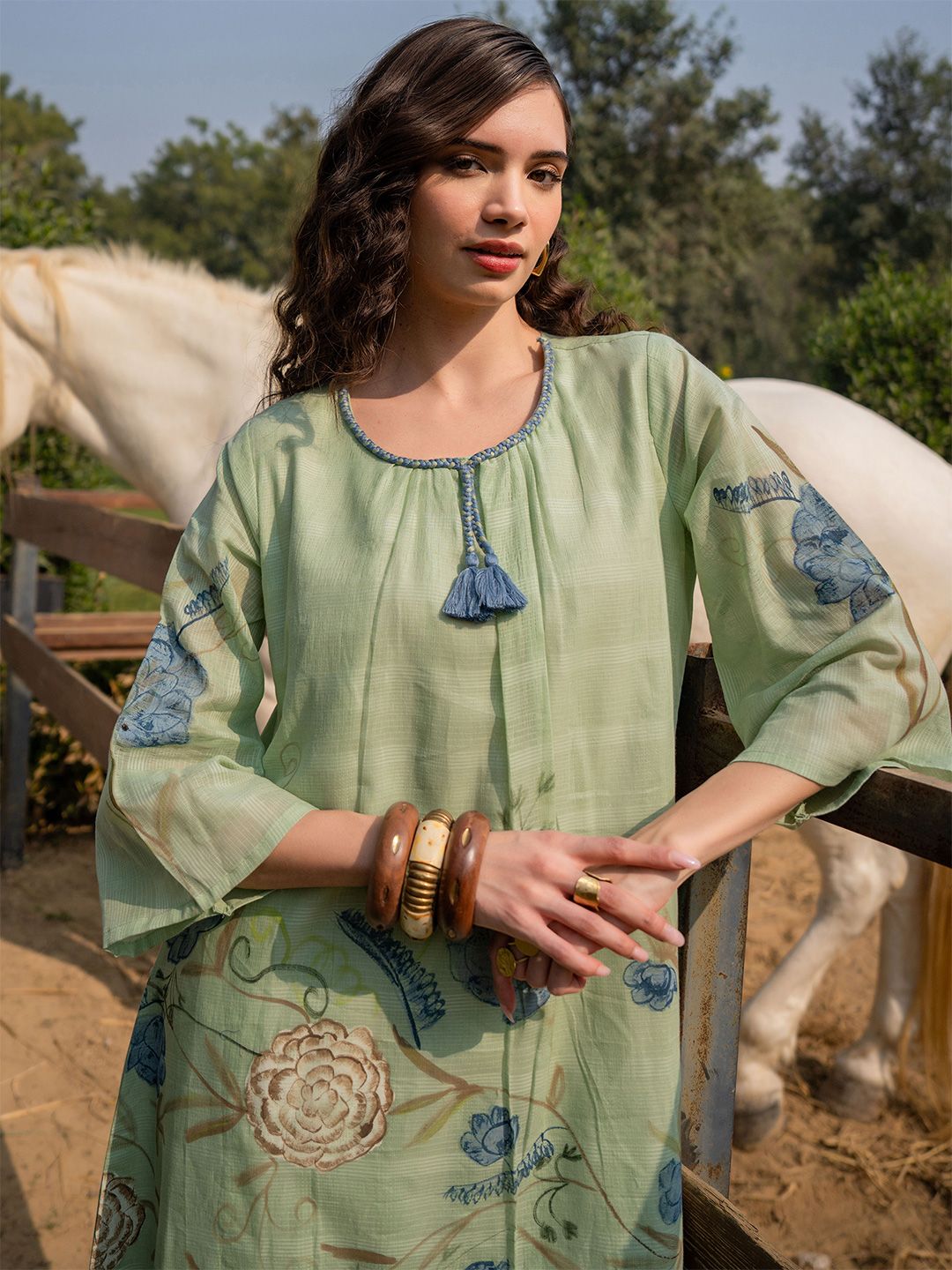 Dhiyona IE Women Floral Printed Regular Pure Cotton A-Line Kurta with Trousers