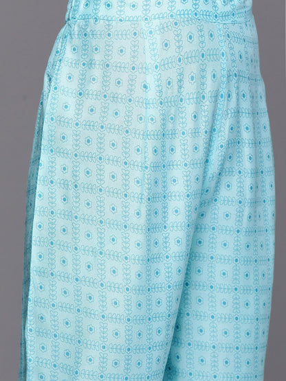 Dhiyona IE Women Turquoise Blue Floral Embroidered Thread Work Kurta with Trousers & With Dupatta