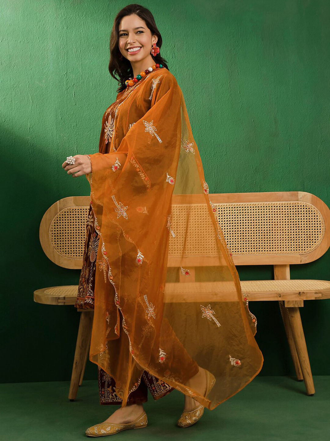 Rust & White Zari Embroidered Velvet Straight Kurta With Palazzos & Dupatta