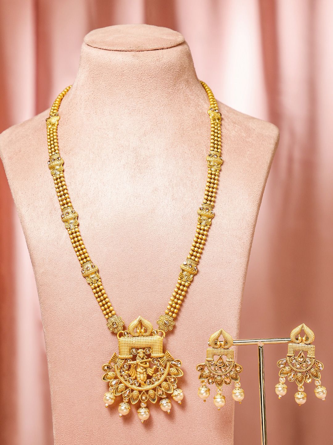 Dhiyona RJ Women's 22K Gold-Plated Kundan Studded Divine Krishna Motif Jewellery Set with Pearl Drops