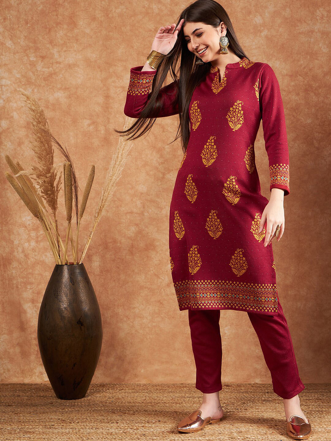 Ethnic Motifs Woven Design Winter Kurta & Trousers
