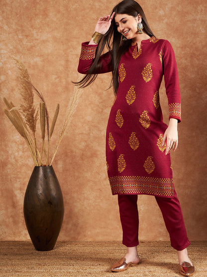 Ethnic Motifs Woven Design Winter Kurta & Trousers
