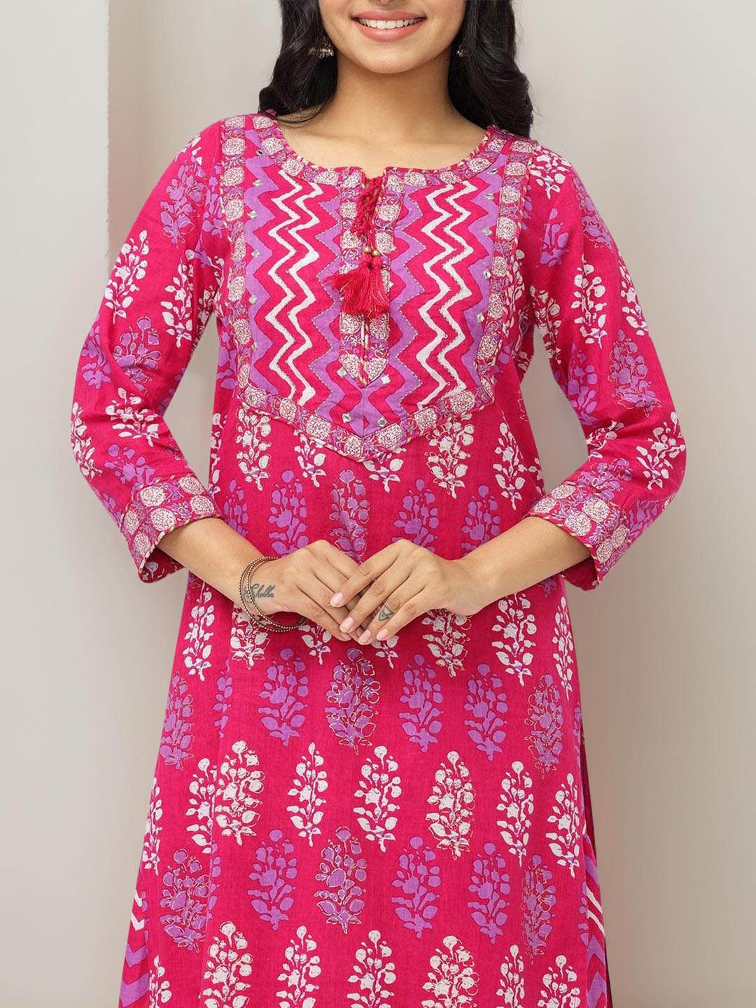 Dhiyona IS Women's Ethnic Motifs Printed Thread Work Pure Cotton Straight Kurta With Skirt