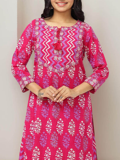 Dhiyona IS Women's Ethnic Motifs Printed Thread Work Pure Cotton Straight Kurta With Skirt