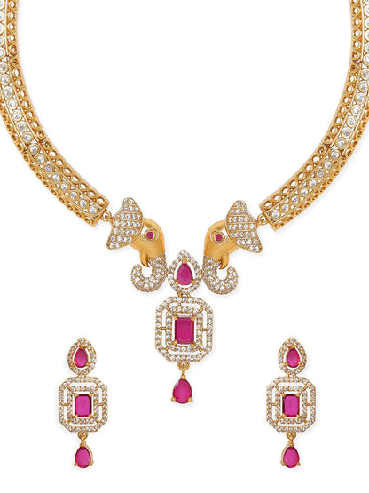 Dhiyona RJ Women's Premium 22K Gold Plated Ruby Pink & CZ Studded Elephant Design Choker Jewellery Set