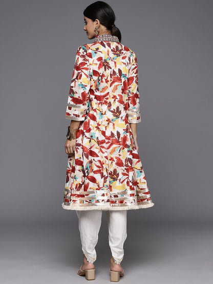 Dhiyona VA Women's Floral Printed Panelled Mirror Work Pure Cotton Kurta with Dhoti Pants
