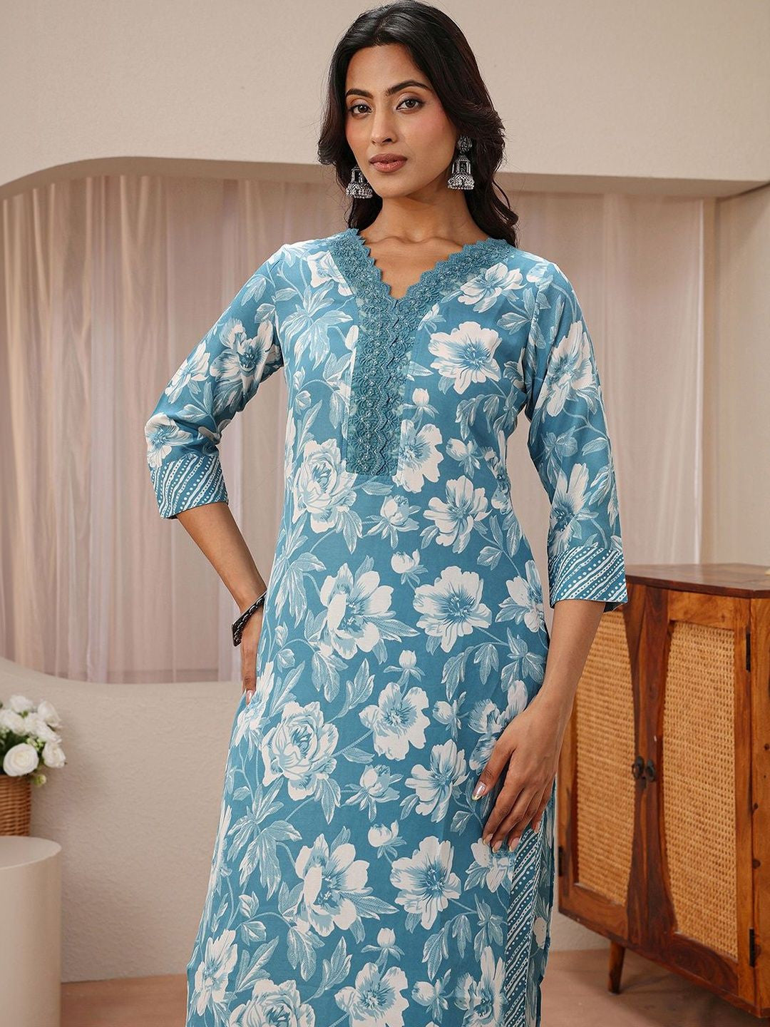 Libas Blue Floral Printed Straight Suit Set
