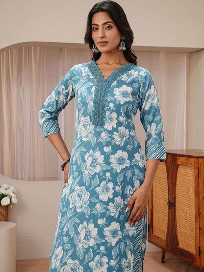 Libas Blue Floral Printed Straight Suit Set