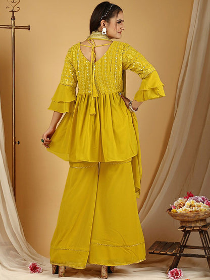 Dhiyona KL Floral Embroidered Regular Kurti With Sharara & Dupatta
