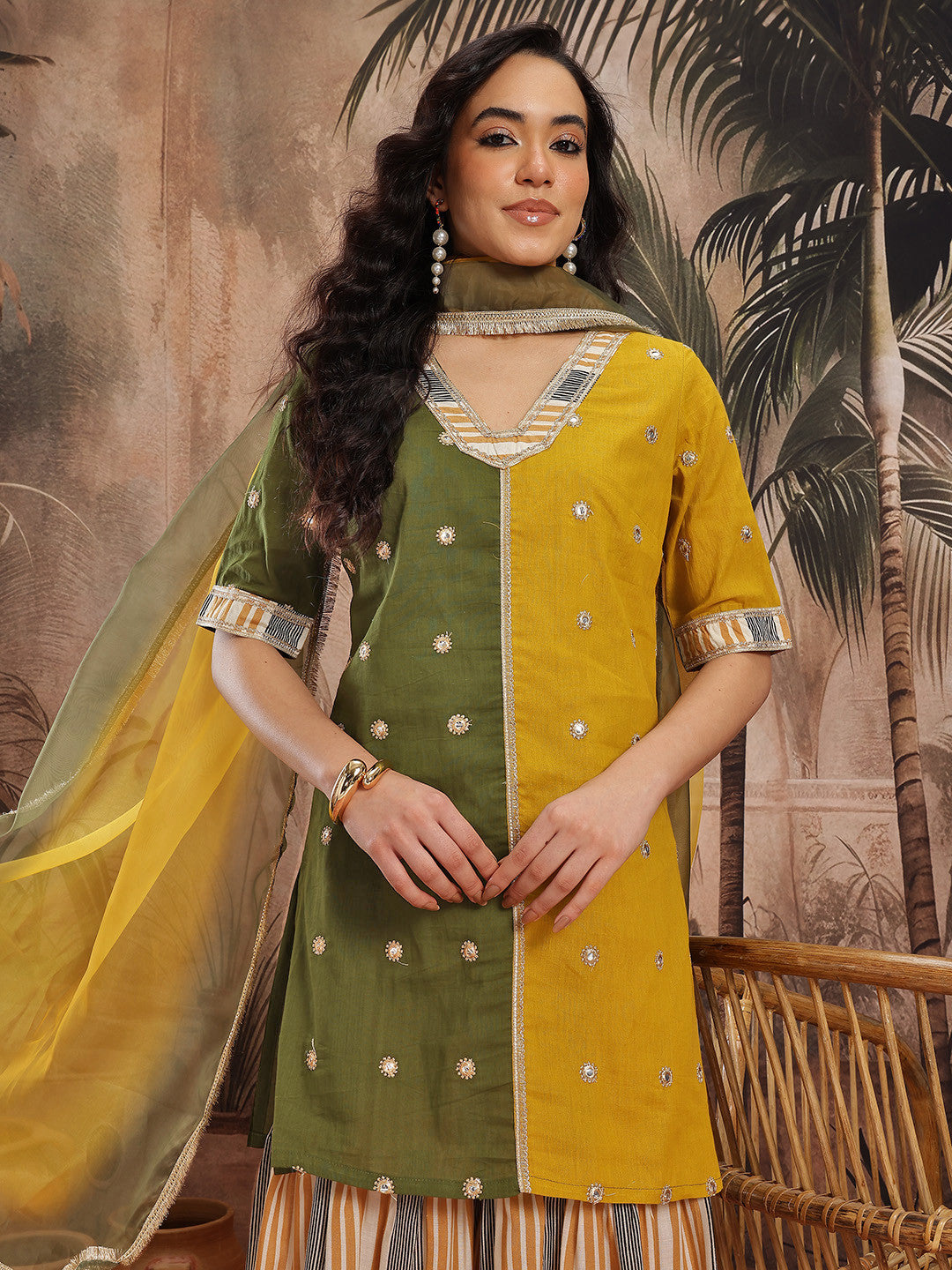 Floral Embroidered Gotta Patti Detail Pure Cotton Kurti with Sharara & Dupatta