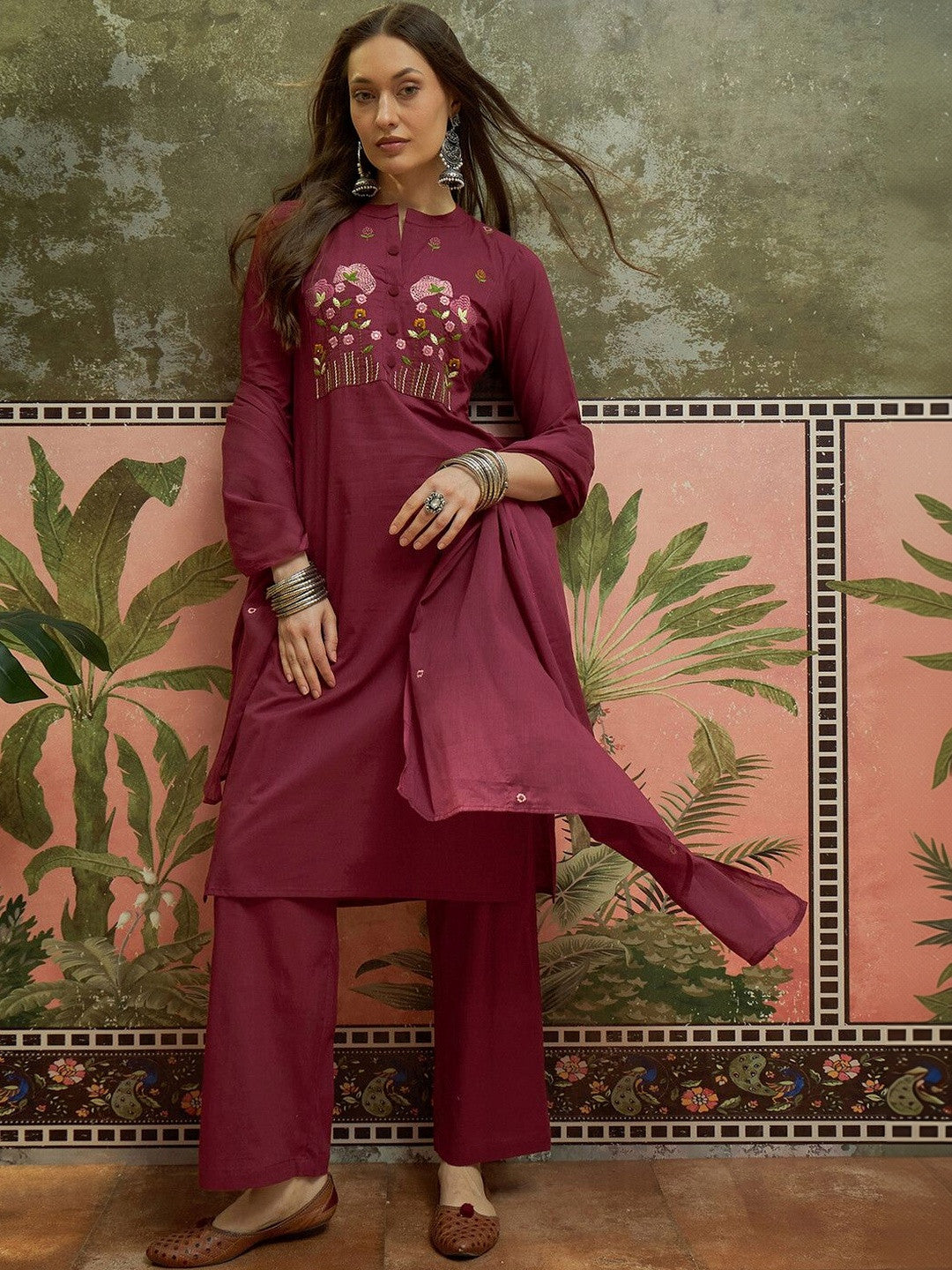 Dhiyona SN Embroidered Pure Cotton Mandarin Collar Kurta & Trousers With Dupatta