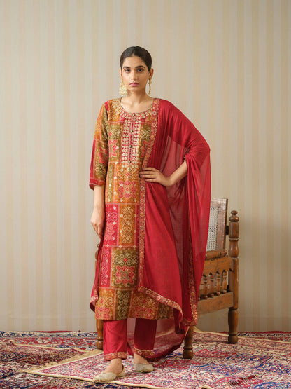 Dhiyona IS Women's Bandhani Printed Sequinned Round Neck Pure Silk Kurta with Trousers & Dupatta