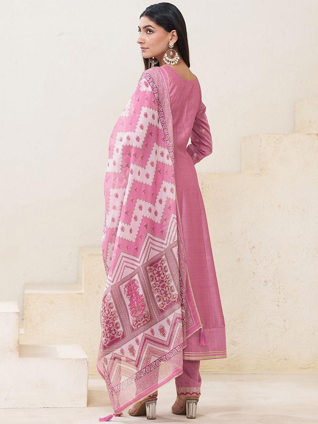 Dhiyona CH Embroidered U-Neck Anarkali Mirror Work Kurta With Trousers & Dupatta