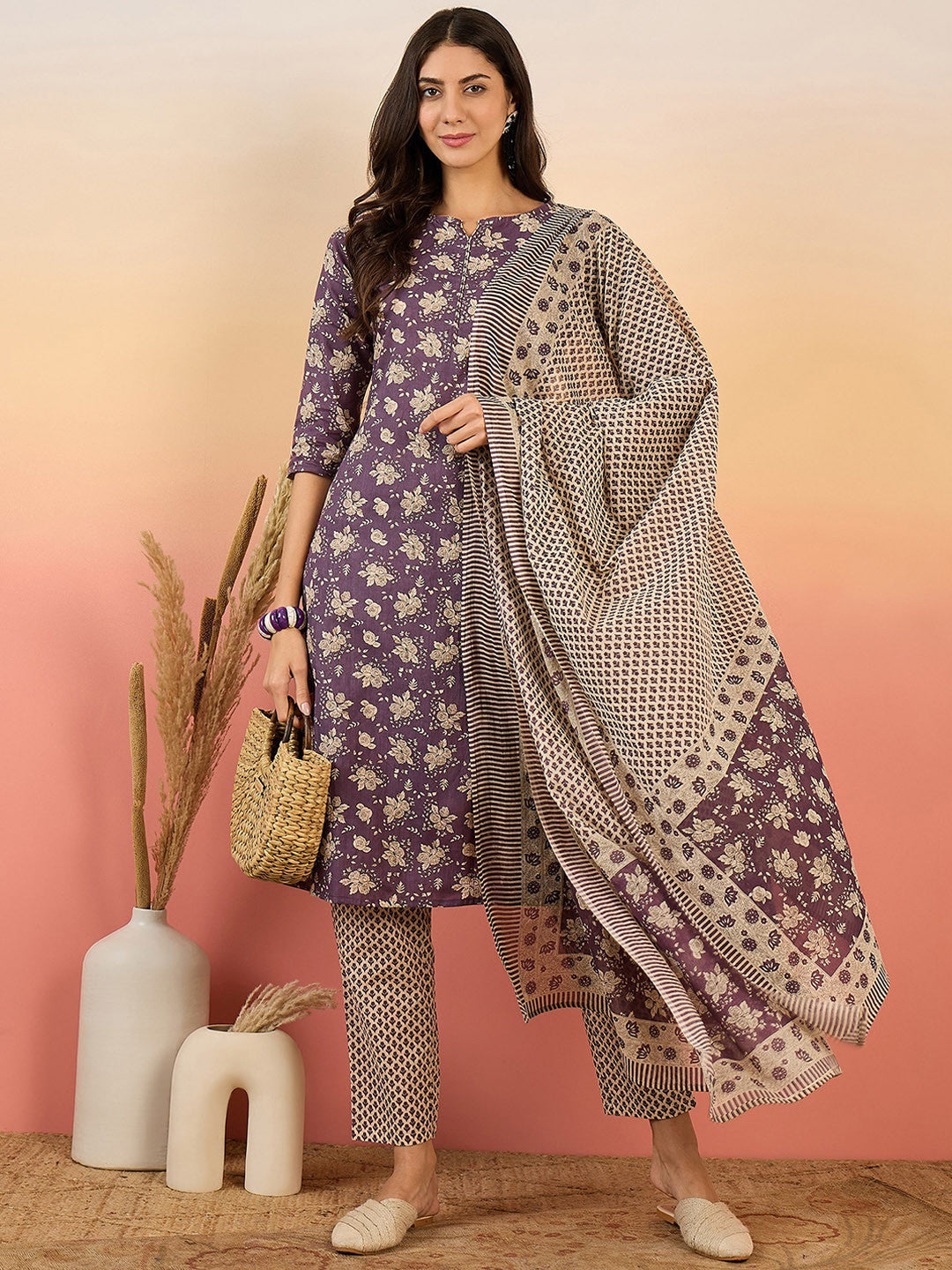 Women Floral Printed Regular Pure Cotton Kurta with Trousers & With Dupatta