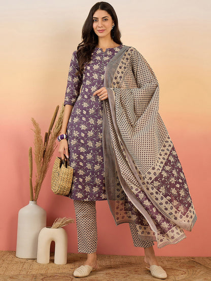 Women Floral Printed Regular Pure Cotton Kurta with Trousers & With Dupatta