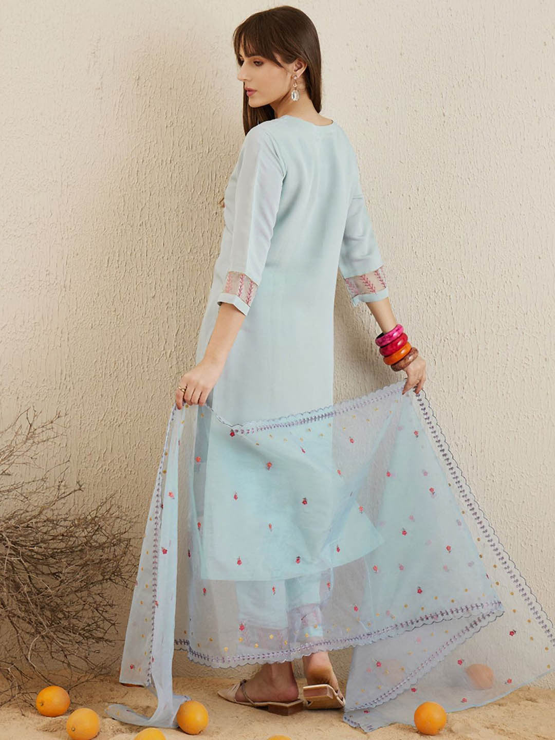 Round Neck Floral Embroidered Regular Thread Work Straight Kurta Set