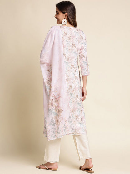 Dhiyona IS Women's Floral Printed Linen Kurta with Trousers & With Dupatta