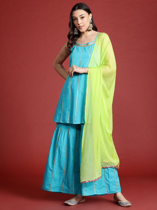 Dhiyona AN Tyohar Collection Gotta Patti Pure Cotton Kurti with Sharara & Dupatta