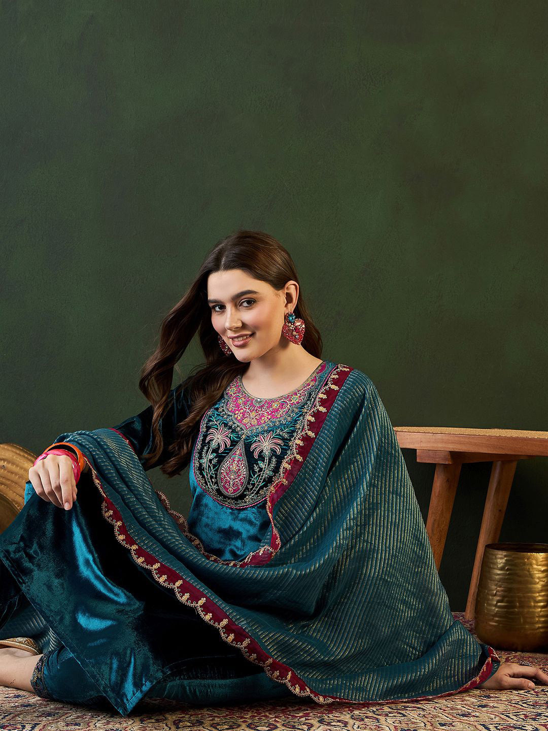Embroidered Straight Kurta & Trousers With Dupatta