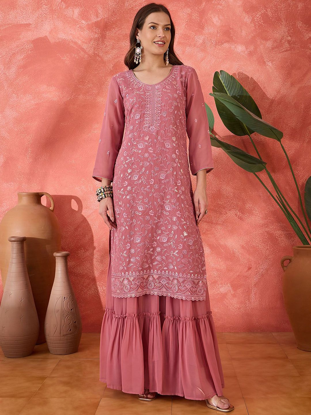 Dhiyona SN Floral Embroidered Round Neck Straight Kurta With Sharara And Dupatta