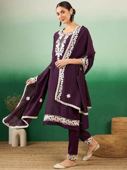 Purple & White Floral Embroidered Jacquard Straight Kurta With Trousers & Dupatta