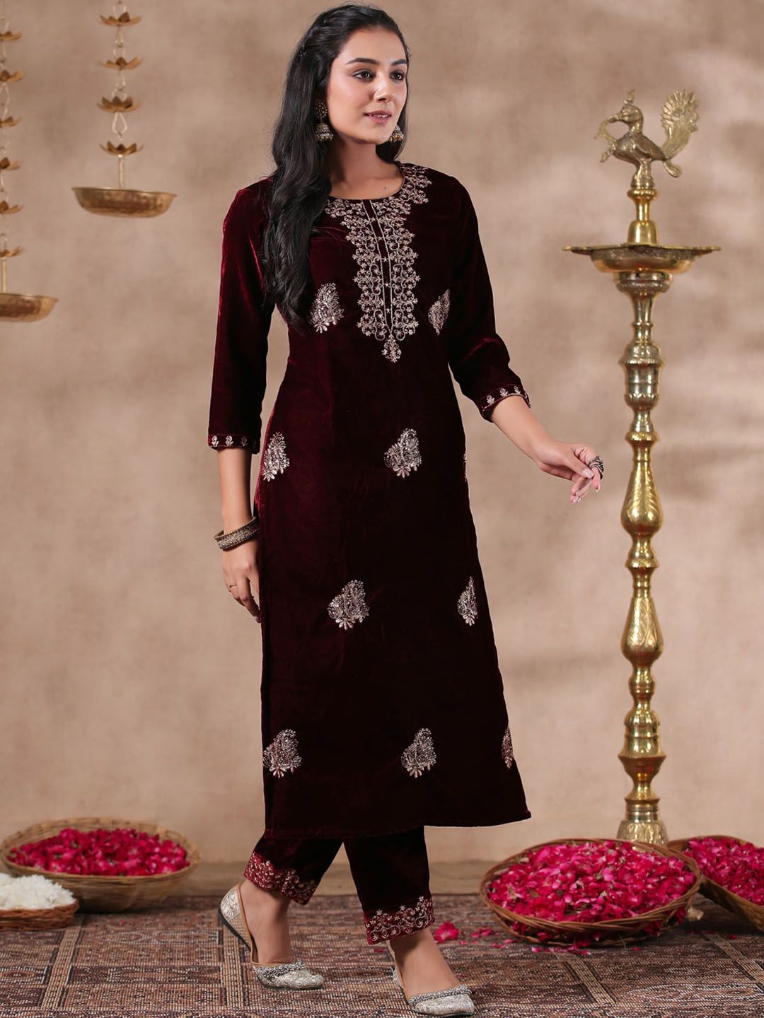 Dhiyona IS Women's Maroon Ethnic Motifs Embroidered Thread Work Velvet Kurta With Trousers