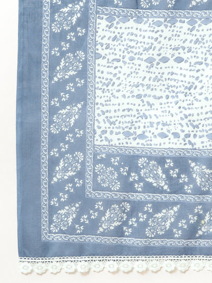 Dhiyona RR Women's Blue Printed Sequinned Pure Cotton Kurta with Trousers & With Dupatta