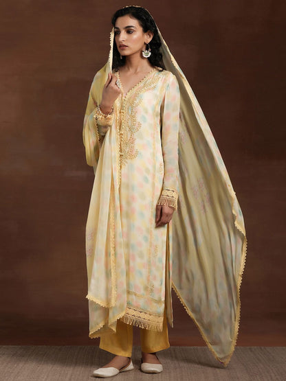 Dhiyona LL Yellow Floral Printed V-Nek Beads and Stones Straight Kurta with Palazzos & Dupatta